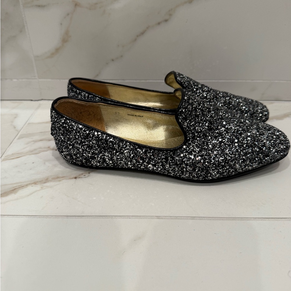 Jimmy Choo Black and Silver Glitter Flats Slipper style
